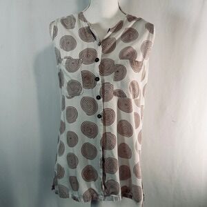 April Cornell Womens Sleeveless Button Blouse Spiral Print Cream Brown M 80s
